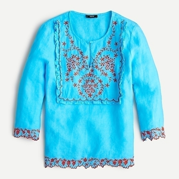 J. Crew Tops - J. Crew Embroidered Linen Tunic Monaco Blue